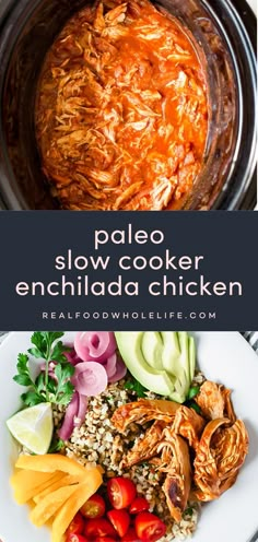 slow cooker enchilada chicken recipe with text overlay