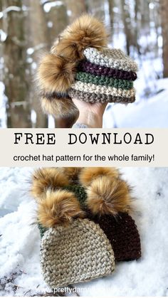 the crochet hat pattern for the whole family is shown in two different colors