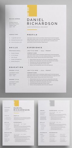 a clean and modern resume template with yellow accents on the front, side and back