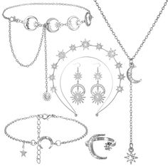 PRICES MAY VARY. Elegant Jewelry Set: the package contains 1 piece of crown, 1 pair of moon and star earrings, 1 piece of necklace and 1 piece of waist chain, 1 piece of ring and 1 piece of silver bracelet, enough to meet your daily dress needs, you can also share them with your friends and family members Fine Workmanship: our crown headband is made of quality alloy, which is strong and durable, rust resistant and fadeless, not easy to break, deform or bend, and can still retain its color and sh Goddess Costume Accessories, Stars Headband, Moon Belt, Moon Accessories, Tiaras Jewellery, Star Clothing