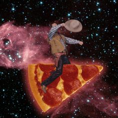 a man riding on top of a slice of pizza in the middle of space with stars