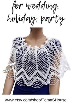 a mannequin wearing a white crochet top with the words for wedding, holiday party written on it