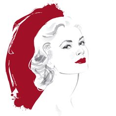 a drawing of a woman's face in red and white with her hair pulled back