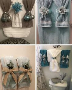 four different pictures of towels hanging on the wall and towel holders in the bath room