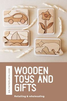 wooden toys and gifts book cover with four pieces of wood in the shape of flowers