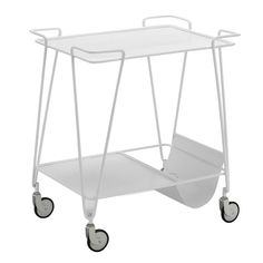 a white cart with wheels and a tray on the bottom, it has two handles