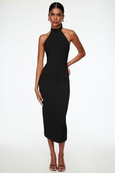 Slip into this halter woven dress - Designed to drape over your form in an elegant and flattering manner. Features - Adjustable button closure at halter neck - Oversized self-tie straps at open back - Side zip closure - Central slit at back hem - Lined Size & Fit - Fitted - Mini length: 46.75" Materials & Care - 91% polyester, 9% spandex - Hand wash, cold - Imported Halter Neck Maxi Dress, Maxi Dress Black, Halterneck Dress, Woven Dress, Black Slip Ons, Dress Size Chart, Black Maxi Dress, Halter Neck