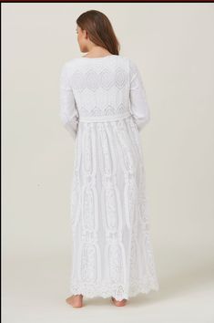 Embroidered lace maxi white Temple dress Fabric: 100% polyester lining, 100% polyester. Sizes: Small, Medium, Large and XLarge V neck no zipper 2 pockets White Temple Dress, Lds Temple Dress, Wedding Dresses Lds, White Temple, Temple Dress, White Lace Maxi, Geometric Lace, Mormon Temple, Lds Temple