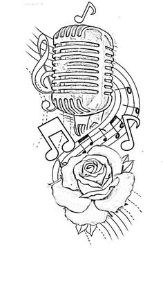 a drawing of a microphone and music notes on it, with a rose in the foreground