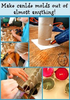 a collage of photos showing how to make candle molds out of almost anything