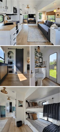 this is a collage of photos showing the inside of a mobile home, kitchen and living room