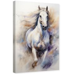 a painting of a white horse running through the air with its hair blowing in the wind