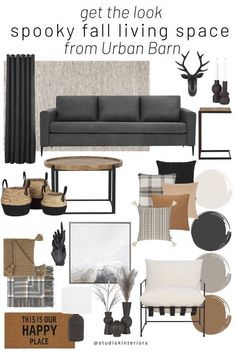 the living room is decorated in neutral and black with white accents, plaid pillows, antelope