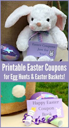 an egg hunt and easter basket with the text printable easter coupons for egg hunts & easter baskets