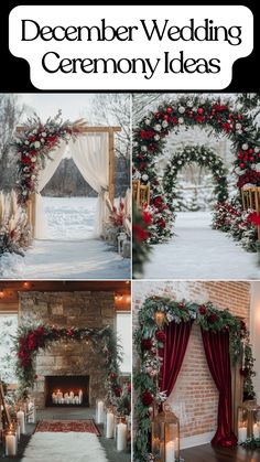 Elegant December wedding ceremony setup with winter decor and festive arch. Wedding Arch Ideas Christmas, Christmas Ceremony Wedding, Winter Colors Wedding, Winter Christmas Wedding Ideas, Christmas Wedding Pew Decorations, Winter Wedding Pew Decorations, Winter Mountain Wedding Decor, Red And White Winter Wedding, Christmas Wedding Ideas Centerpieces