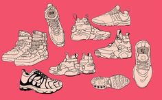 a bunch of shoes that are on a pink background