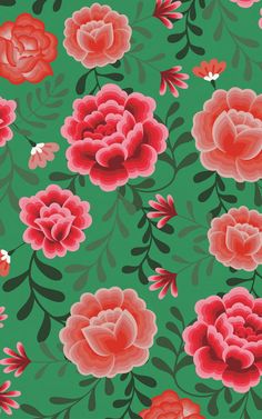 a green background with red flowers and leaves