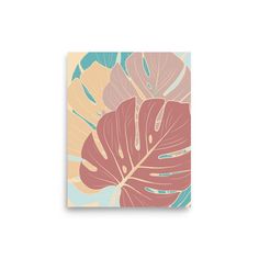 a pink and green leaf on a beige background is featured in this square canvas print