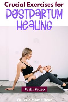 Mom in sports bra and tights on a yoga mat with a baby and text on the image. Postpartum Workout, Diastasis Recti Exercises, Mom Body, Maternity Activewear