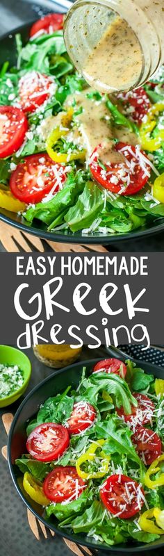 this easy homemade greek dressing is loaded with fresh tomatoes, lettuce and cheese