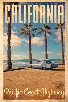 a car parked on top of a sandy beach next to palm trees and the ocean