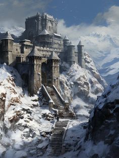 a castle on top of a snowy mountain with stairs leading up to the building and snow covered mountains in the background