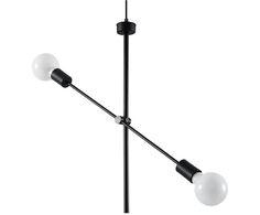 the three light chandelier is black and has two white balls hanging from it