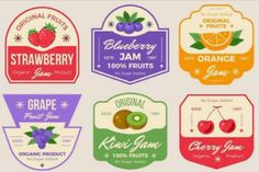 six different labels for fruit juices with berries, oranges and strawberries on them