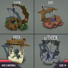 four different types of minecraft structures with the words'go thick'in them