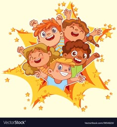 cartoon group of kids with stars around them