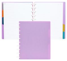 a purple notebook with two spirals on each side and three different colored pages in the middle