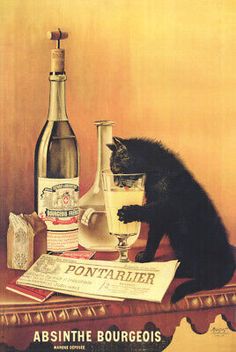 a black cat sitting on top of a table next to bottles