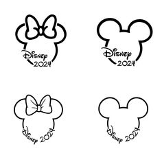 four disney mouse ears with the names of each character in black and white on them