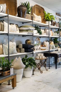 a room filled with lots of different types of plants and baskets on shelving units