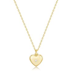 a gold heart necklace with a diamond in the center Classic Gold Diamond Necklace With Heart Charm, Gold Heart-shaped 14k Gold Birthstone Necklace, Heart Shaped Gold Sterling Silver Diamond Necklace, Heart Locket Necklace, Silver 925 Necklace, Mini Heart, Heart Locket, Formal Style, Brass Jewelry