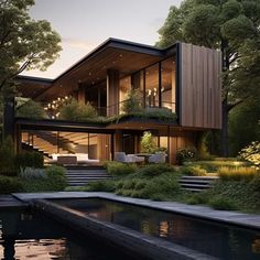 a large house with lots of windows and plants on the roof is next to a pond