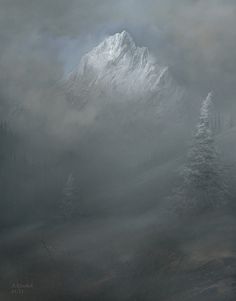 a snowy mountain covered in fog and clouds with pine trees on the far side below