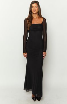 * Black Long Sleeve Maxi Dress 
 * 
 
 * HOW TO STYLE: 
 * This maxi dress () is a touch of class! With a modest front and exposed back, this dress is the perfect balance of sleek and sultry! Complete the glam look by accessorising with gold jewellery () and black heels ()! Wear this stunning long sleeve dress to your next formal occasion! 
 * 
 
 * FEATURES: 
 * Long sheer mesh sleeves 
 * Lined body 
 * Mesh outer 
 * Open back with lace up detail 
 * Ruched bust with square neckline 
 * Light Black Winter Formal Dresses Long Sleeve, Black Tie Dress With Sleeves, Black Modest Dresses, Long Sleeve Black Dress Formal, Black Bridesmaid Dresses Long Sleeve, Long Sleeved Dress Formal, Black Formal Dress With Sleeves, Long Sleeve Long Black Dress, Winter Dress Formal