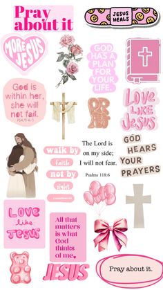 pink stickers with the words pray about it, and images of jesus on them