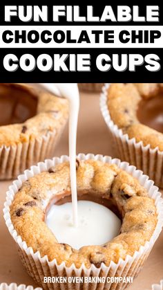 chocolate chip cookie cups with milk being poured into them