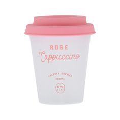 a white cup with pink lid and the words rose cappuccino on it