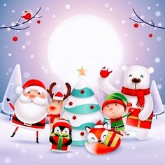 a group of santa claus and other christmas characters standing in front of a snow covered tree