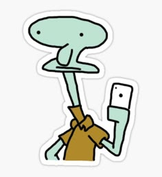 a sticker with an image of a mushroom holding a cell phone in it's hand