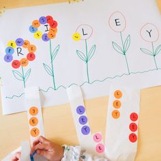 a child's hand is writing letters on paper with flowers in the background and another person holding a pair of scissors