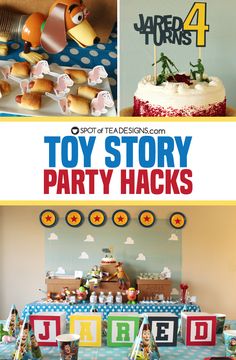 toy story party hacks for kids with toys on the table and in front of them