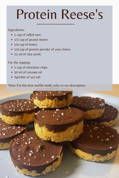 chocolate and peanut butter cookies on a plate with text overlaying the recipe for protein reese's