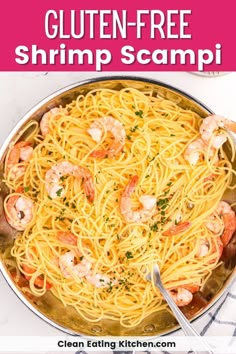 a pan filled with shrimp scampi pasta and garnished with parsley