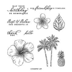 stamp set featuring palm trees, flowers and pineapples with the words happy birthday