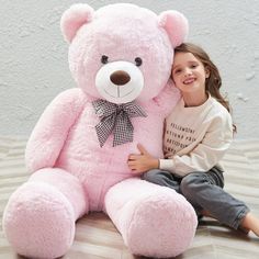 Our MaoGoLan giant teddy bear is 47" in height. This bear is made of Eco-friendly polyester material. Its fluffy body makes this large bear comfortable to hug. This stuffed bear is a wonderful idea for a sweet decoration in the bedroom or a baby shower party. This big bear is a wonderful gift to send to your girlfriend, daughter, or someone special on Christmas, birthday, or other important anniversaries. Size: 47".  Color: Pink. Huge Teddy Bears, Huggable Teddy Bear, Big Stuffed Animal, Pink Stuffed Animals, Kids Teddy Bear, Frog Plush, Large Stuffed Animals, Big Teddy, Giant Teddy Bear