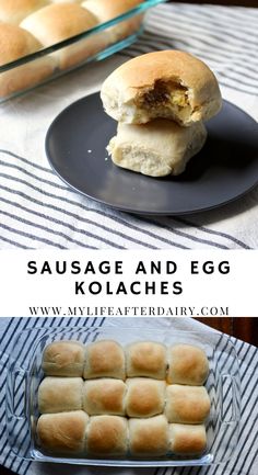 sausage and egg kolaches on a black plate next to a baking pan with rolls